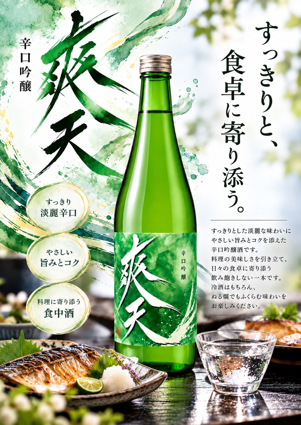 爽天 辛口吟醸 ポスター「すっきりと、食卓に寄り添う。」料理と合わせたイメージ